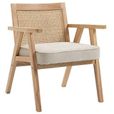 HOMCOM Fauteuil Lounge avec Coussin - Dossier en cannage - Assise Profonde - accoudoirs - Structure Bois hévéa - Aspect Lin Beige
