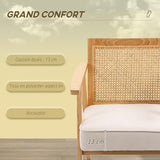 HOMCOM Fauteuil Lounge Chaise en Rotin avec Coussin - Dossier en cannage - Assise Profonde - accoudoirs - Structure Bois hévéa - Aspect Lin Beige