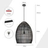 Paco Home Suspension Salon Boho Lampes En Osier Rotin Salle À Manger Lampe Papier E27, Type de lampe:Lampe à suspension - Type 2, Couleur:Noir (Ø52 cm)