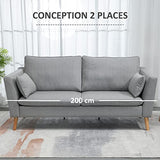 HOMCOM Canapés 2 Places Design Contemporain avec Coussins oreillers en Tissu de Lin et Pieds en Bois d'hévéa 200 x 87 x 95 cm Gris Clair