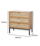 Casâme Commode 3 Tiroirs avec Façade Rotin - Meuble de Rangement pour Chambre ou Salon - Style Industriel - Décor Chêne et Piétement Métal Noir - 80 x 39 x H 79 cm