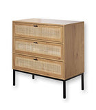 Casâme Commode 3 Tiroirs avec Façade Rotin - Meuble de Rangement pour Chambre ou Salon - Style Industriel - Décor Chêne et Piétement Métal Noir - 80 x 39 x H 79 cm