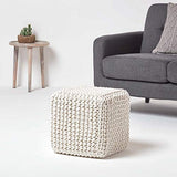 HOMESCAPES Pouf carré tressé en Tricot, Pouf Cube Coloris Blanc cassé, 35x35x35 cm