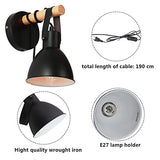 Applique murale industrie du bois rétro vintage lampe noire avec prise EU et interrupteur, y compris ampoule LED 5W E27