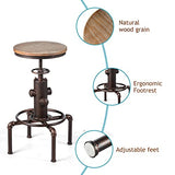 LIFEZEAL Tabouret de Bar Industriel, Hauteur Réglable 59,5-75CM, Tabouret Cuisine Rond Pivotant 360° avec Repose-Pieds, Siège en Pin 33x33CM, Support en Tube de Fer avec Charge de 150 KG, Bronze