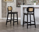 Wahson Tabouret de Bar Rotin Lot de 2, Chaise de Bar en Bois et Cannage Tabouret Bois avec Coussin Imperméable, Chaise Haute Bar Rétro pour Cuisine et Bar, Noir