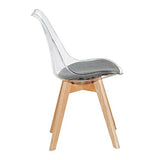 H.J WeDoo Lot de 4 Transparente Scandinave Chaises de Salle à Manger, Rétro Chaises Tulip Tissu Rembourrée en Polycarbonate arrière et Bois de hêtre Massif- Gris