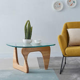 Table basse moderne, table basse avec plateau en verre, table basse en verre et bois, table basse triangulaire en bois, pièce maîtresse élégante et robuste, plateau en verre trempé, parfaite for la dé