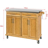 SoBuy® FKW69-N Desserte sur roulettes Meuble de Cuisine de Service Roulant en Bambou - Plans de Travail en Acier INOX Rabattables - Grande Armoire de Rangement