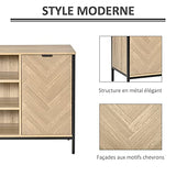 Buffet design style graphique façades placards à chevrons - 2 portes avec étagère, 3 niches - métal noir panneaux aspect chêne clair