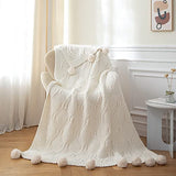 MYLUNE HOME Plaid Couverture Tricot en Chenille avec Les Pompons - Couverture de lit Douce et Chaude Jeté de Canapé (130 x 160cm)-Blanc