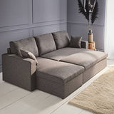 Alice's Home - Canapé d'angle Convertible en Tissu Gris chiné foncé - IDA - 3 Places. Fauteuil d'angle réversible Coffre Rangement lit modulable. 2 Coussins Inclus.