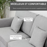 HOMCOM Canapé 3 Places Grand Confort - Rembourrage épais en Mousse Haute densité 25D - 2 Coussins - Piètement en métal Noir Tissu Aspect Lin Gris Clair