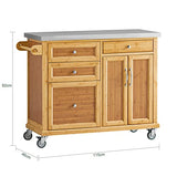 SoBuy® FKW70-N Meuble de Rangement Cuisine Buffet de Cuisine Roulant Desserte sur roulettes en Bambou - Plans de Travail en Acier INOX Grande Armoire de Rangement