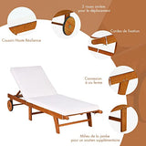GOPLUS Chaise Longue en Bois Pliable avec Dossier Réglable sur 6 Positions et Coussin Amovible,Bain de Soleil d’Extérieur avec 2 Roues,Idéal pour Jardin,Terrasse,Piscine,195X68X30-90CM