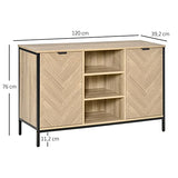 Buffet design style graphique façades placards à chevrons - 2 portes avec étagère, 3 niches - métal noir panneaux aspect chêne clair
