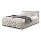 Juskys lit rembourré Nizza 180 x 200 cm - Cadre de lit avec sommier à Lattes, Coffre de lit et éclairage LED - lit avec Housse en Velours et surpiqûre Chesterfield - Beige