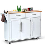 GOPLUS Desserte Îlot de Cuisine Desserte à roulettes Chariot de Cuisine en Bois avec 2 Placards Étagère 2 Niveaux Réglables et 2 Tiroirs, Porte-Serviettes, 122 x 46 x 92,3 CM, Blanc