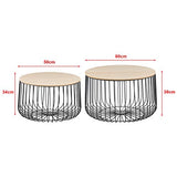 [en.casa] Lot de 2 Tables Basses Design Tables de Salon de Tailles Différentes Paniers à Plateaux Amovibles Métal MDF Noir Chêne Clair