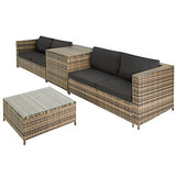 TecTake 800678 Salon de Jardin 4 Personnes en résine tressée, 2 Canapés modulables, Coffre de Rangement et Table Basse en Verre Inclus – Plusieurs Couleurs Disponibles (Marron Naturel/Gris foncé)