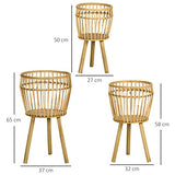 Outsunny Lot de 3 supports cache-pots à plantes lot de 3 étagères à fleurs support pots de fleurs sur pied trépied en bois et résine tressée rotin - bois naturel