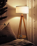Tomons Lampadaire Trépied en Bois, Lampe sur Pied avec Tablette et Ampoule E27 8W, Abat-Jour en Tissu Blanc, Style Scandinave, Moderne Nordique pour Salon, Chambre, Bureau