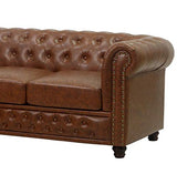 KMH Canapé confortable 3 places Chesterfield avec housse en cuir synthétique marron antique – Canapé rembourré confortable au design vintage