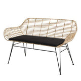 Canapé 2 Places Rotin Naturel Long Island Coussin Noir Pieds Métal