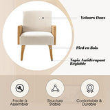 FABRICATION HAUS Fauteuil Salon en Velours Fauteuil de Coiffeuse Chaise Rembourrée avec Bras en Rotin & Pieds en Bois pour Salon, Beige