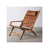 Tousmesmeubles Fauteuil Teck/Cuir tressé Cognac avec Coussin - Essaouira - L 66 x l 97 x H 90 - Neuf