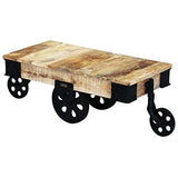 vidaXL Table Basse avec Roues de Salon Bois de manguier Brut Meuble de Rangement