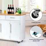 GOPLUS Desserte Îlot de Cuisine Desserte à roulettes Chariot de Cuisine en Bois avec 2 Placards Étagère 2 Niveaux Réglables et 2 Tiroirs, Porte-Serviettes, 122 x 46 x 92,3 CM, Blanc