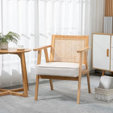 HOMCOM Fauteuil Lounge Chaise en Rotin avec Coussin - Dossier en cannage - Assise Profonde - accoudoirs - Structure Bois hévéa - Aspect Lin Beige