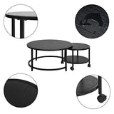MEUBLE COSY Lot de 2 Tables Basses Gigognes Ronde avec roulettes Bout de Canapé en Bois et Cadre en Métal, Noir, 80x80x40/50x50x36cm
