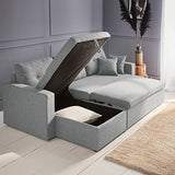 Alice's Home - Canapé d'angle Convertible en Tissu Gris Clair - IDA - 3 Places. Fauteuil d'angle réversible Coffre Rangement lit modulable. 2 Coussins Inclus.