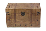 Coffre colonial grand modèle, déco nostalgique de globetrotteur, bois brun décoré de garniture et de fermetures en métal, sangle et poignée en simili-cuir de couleur assorti