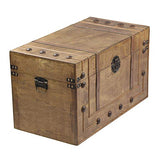 Coffre colonial grand modèle, déco nostalgique de globetrotteur, bois brun décoré de garniture et de fermetures en métal, sangle et poignée en simili-cuir de couleur assorti