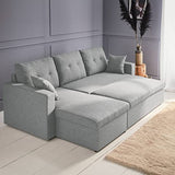 Alice's Home - Canapé d'angle Convertible en Tissu Gris Clair - IDA - 3 Places. Fauteuil d'angle réversible Coffre Rangement lit modulable. 2 Coussins Inclus.