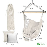 VOUNOT Chaise Suspendue en Coton Doux avec 2 Coussins Siège Suspendu Balançoire Suspendue pour Intérieur et Extérieur Hamac Portable à Franges Beige