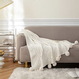 MYLUNE HOME Plaid Couverture Tricot en Chenille avec Les Pompons - Couverture de lit Douce et Chaude Jeté de Canapé (130 x 160cm)-Blanc