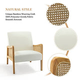 Chaise d'appoint moderne du milieu du siècle chaises rembourrées en velours avec tricot en bambou fauteuil confortable en tissu de lin avec accoudoirs en rotin pour salon,Blanc