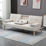 HOMCOM Canapé Convertible 3 Places Design scandinave Inclinaison Dossier réglable 3 Niveaux Dossier Centrale Rabattable 2 Porte-Verres Bois Massif Lin Beige