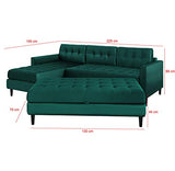 Selsey KOPENHAGA - Canapé d’Angle avec Pouf (Tissu Monolith 37 Vert Bouteille, Pieds Noirs en Bois, Coffre de Rangement intégré dans Le Pouf)