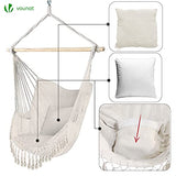 VOUNOT Chaise Suspendue en Coton Doux avec 2 Coussins Siège Suspendu Balançoire Suspendue pour Intérieur et Extérieur Hamac Portable à Franges Beige