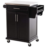 Chariot de service desserte de cuisine à roulettes multi-rangements placard double portes + étagères + range couverts et condiments latéral 84L x 46l x 91H cm plateau acier inoxydable bois noir