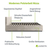 Juskys lit rembourré Nizza 180 x 200 cm - Cadre de lit avec sommier à Lattes, Coffre de lit et éclairage LED - lit avec Housse en Velours et surpiqûre Chesterfield - Beige