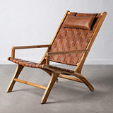 Tousmesmeubles Fauteuil Teck/Cuir tressé Cognac avec Coussin - Essaouira - L 66 x l 97 x H 90 - Neuf