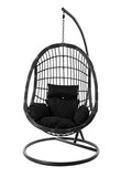 Kideo® Ensemble complet : grand fauteuil suspendu avec armature et coussins, fauteuil suspendu gris, intérieur et extérieur, poly rotin, anthracite (coussin : noir nid (9999 noir).