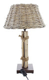 Lampe de table en bois flotté, abat-jour en osier cérusé gris, pied en métal laqué brun foncé