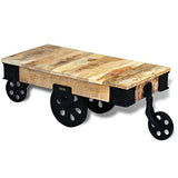 vidaXL Table Basse avec Roues de Salon Bois de manguier Brut Meuble de Rangement